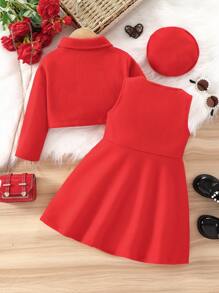3 piezas Conjunto de chaqueta/abrigo informal elegante, femenino, dulce, lindo y retro; vestido sin mangas y sombrero para niña joven