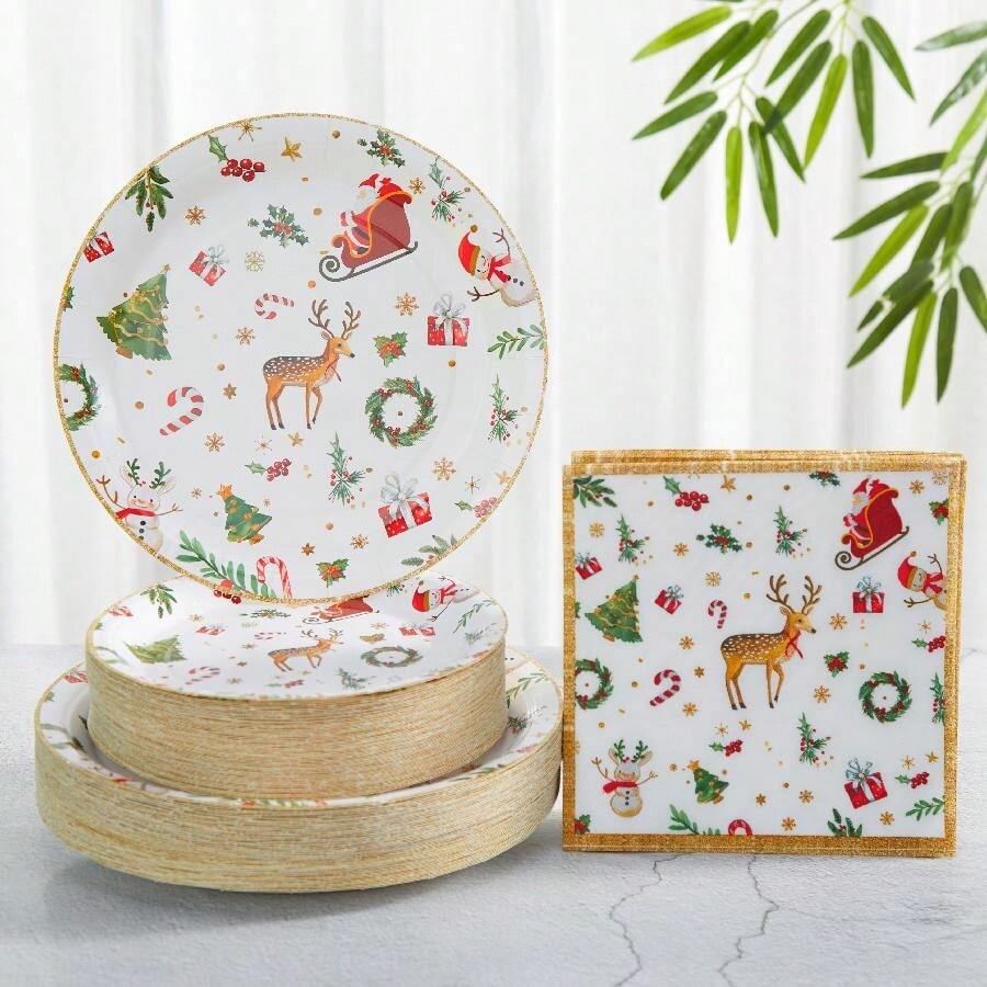 7/9 Inch Reindeer & Santa Disposable Paper Plates & Napkins Set, Christmas Holiday Party Supplies,Christmas