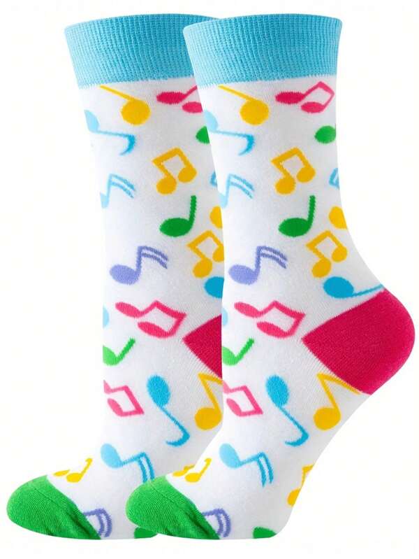 Colorful Musical Note Socks, Novelty & Breathable Mid Tube Socks, Women's Socks