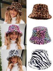 1 Women's Leopard Print Plush Bucket Hat, Autumn And Winter Warm Multi-Purpose, Adjustable Cap Crown, Suitable For Anyone Group Of Small Bucket Hats Suitable For Daily Use Leopard Print Pattern Random Winter Outfits