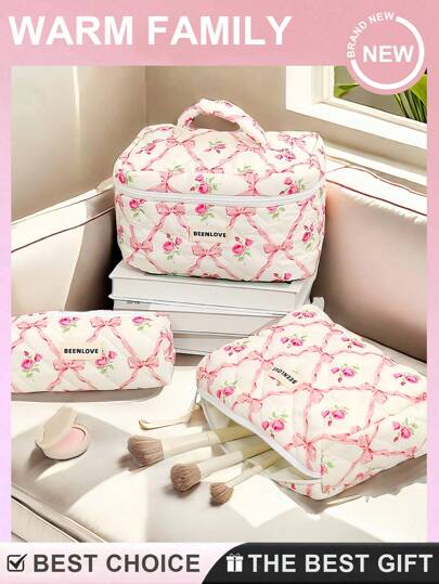 3pcs/2pcs/1pc Baby Pink With Heart And Bowknot Pattern Makeup Bag, Gifts For Friends And Teachers,For Holiday Beach, Bathroom Collection, Bedroom Collection, Large Capacity