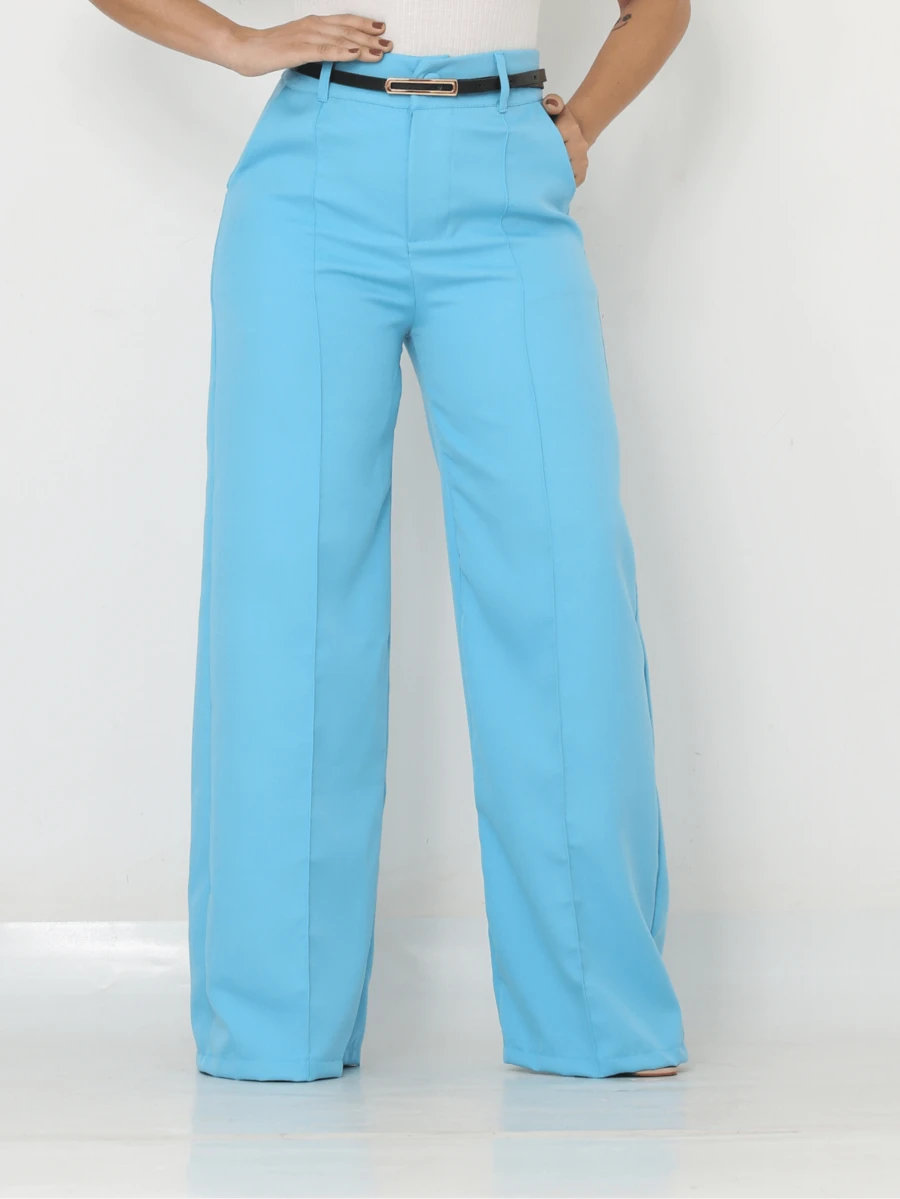 Women's Wide Leg Tailored Trousers With Belt - Formal Wear - 長春花藍 - 查看 1