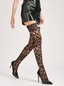 1 paire de bas hauts/cuissardes sexy noirs en jacquard pour femmes, avec motif en silicone antidérapant. Style résille, E-girl - Noir - Voir 12