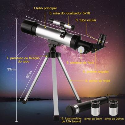 Kit Telescopio Astronômico Luneta F36050 Profissional Portátil Completo com Tripé