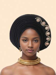 1件优雅重工闪光面料多层可调节头巾帽穆斯林非洲帽，适合日常佩戴、婚礼和派对、睡眠时佩戴。 - 彩色 - 查看 30