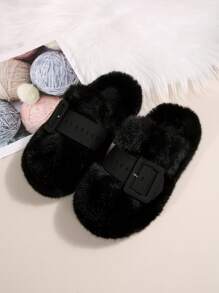 Fluffy Slide Sandals For Women, Closed Toe, Buckle Strap, Flat Bottom, For Indoor & Outdoor Wear, Autumn/Winter New