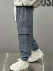 Pantalon cargo pour jeune garçon avec poches multiples, pantalon de travail à la mode pour usage quotidien, toutes saisons - Gris - Voir 4