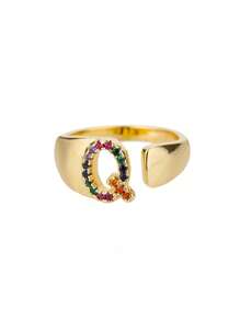 1 Pc Fashion Colorful Zirconia A-Z Letter Ring For Women Gold Color Stainless Steel Geometric Open Initial Ring Wedding Engagement Jewelry Party Gift