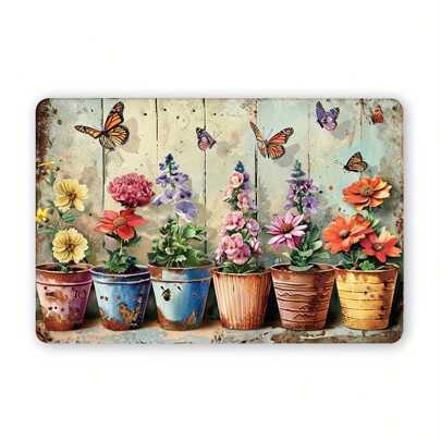 复古花园花朵和蝴蝶金属锡标牌，质朴铁艺墙面艺术装饰，适用于室内室外、家庭卧室办公室书房餐厅酒吧咖啡店图书馆车库 - 1 件装，12x8 英寸