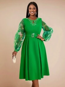 泡泡袖数码印花水晶纽扣前褶皱 A 字型派对礼服，优雅长袖鸡尾酒半正式舞会礼服，适合生日、婚礼嘉宾、毕业典礼、晚宴、返校节 - 綠色 - 查看 4