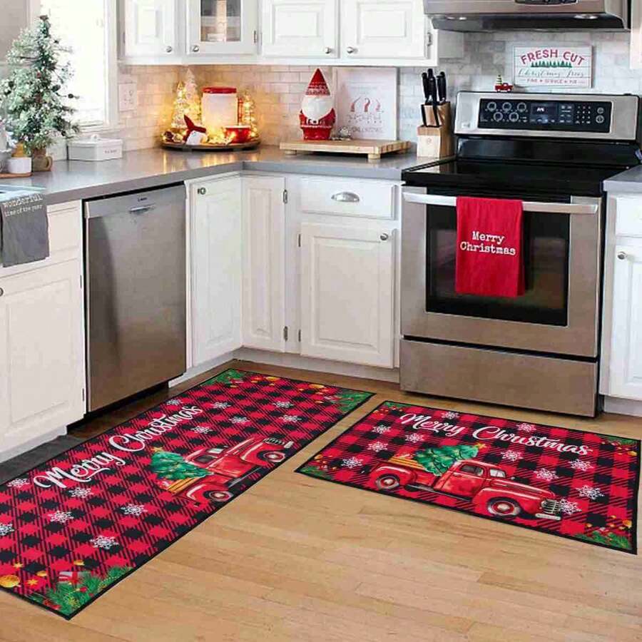 Bộ 2 thảm chùi chân Giáng sinh, thảm chùi chân hình cây thông Noel bông tuyết, họa tiết xe hơi, màu đỏ và đen, thảm chào mừng Giáng sinh vui vẻ, thảm trải sàn, đồ trang trí Giáng sinh, trang trí nhà cửa, thảm chùi chân cửa trước nhà bếp, đồ dùng tiệc tùng, đồ trang trí Giáng sinh, đồ trang trí Giáng sinh, Giáng sinh - Nhiều màu - Xem 1
