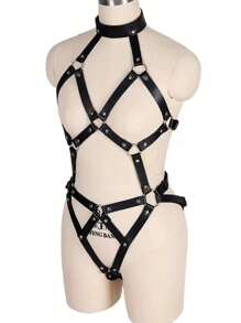 1 套女士成人情趣仿皮内衣、开裆连体裤、镂空吊带连体裤、性感贴身内衣套装（可调节胸围和腰围 27.5-39 英寸） - 黑色 - 查看 4