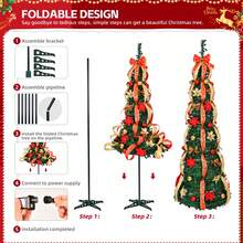 Árbol de Navidad artificial premium de 6 pies, árbol de Navidad emergente, árbol de Navidad artificial con 150 luces cálidas, adornos rojos y dorados para decoración navideña en interiores y exteriores - Verde - Ver 5