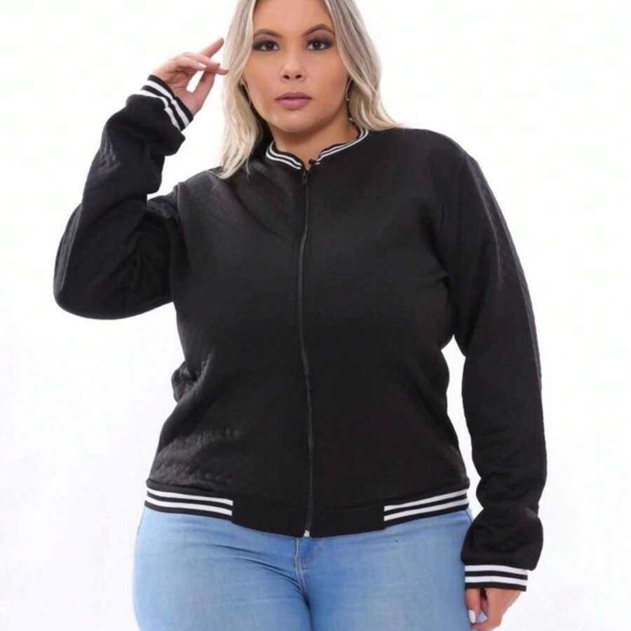 Kit 2 Plus Size Women's Bomber Jacket With Zipper G1 G2 G3 - 黑與黑 - 查看 1