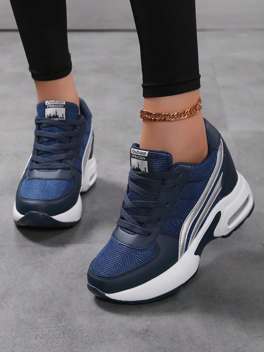 秋冬女式网眼坡跟运动鞋，透气系带增高运动鞋，休闲步行鞋 - 藍色 - 查看 1