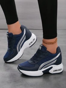 秋冬女式网眼坡跟运动鞋，透气系带增高运动鞋，休闲步行鞋 - 藍色 - 查看 5