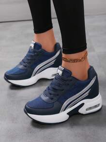 秋冬女式网眼坡跟运动鞋，透气系带增高运动鞋，休闲步行鞋 - 藍色 - 查看 3