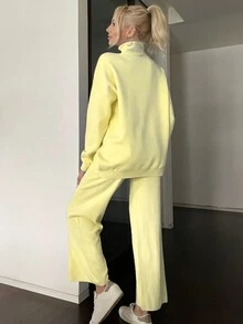 女士 2 件套纯色落肩长袖毛衣和针织长裤，秋冬季休闲装 - 黃色 - 查看 2