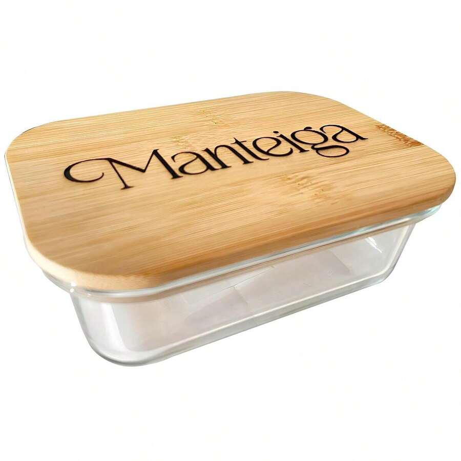 Manteigueira Vidro com Tampa Hermética de Bambu Exclusiva Resistente