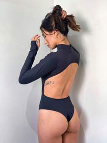 Body Feminino Costas Nuas Manga Longa Gola Alta Poliamida Proteção UV Look Festival Sexy Confortável