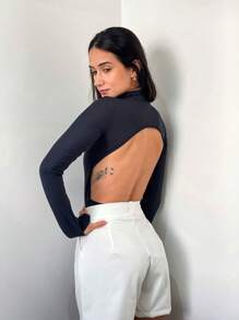 Body Feminino Costas Nuas Manga Longa Gola Alta Poliamida Proteção UV Look Festival Sexy Confortável