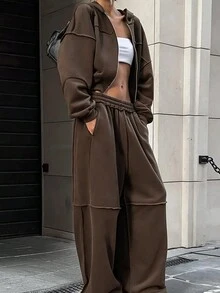 女式街头风格休闲连帽拉链夹克和宽松长裤套装 - 棕色 - 查看 4
