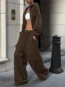 女式街头风格休闲连帽拉链夹克和宽松长裤套装 - 棕色 - 查看 3