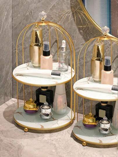 1 件鸟笼形工艺品储物架，双层展示架，用于垫子、指甲油、化妆品，适用于假日海滩、浴室收藏、卧室收藏，容量大