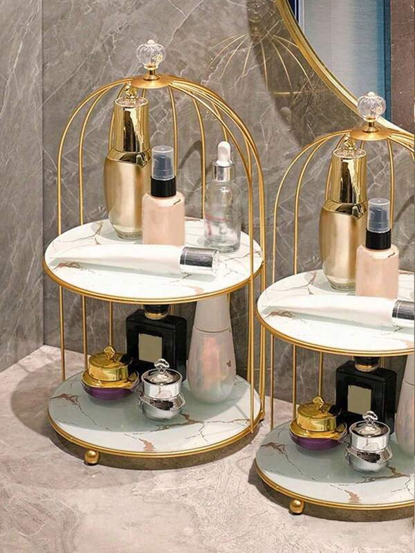 1pc Birdcage-Shaped Craft Storage Shelf, Double Layer Display Stand For Cushion Compacts, Nail Polishes, Cosmetics,For Holiday Beach, Bathroom Collection, Bedroom Collection, Large Capacity