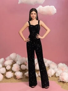 Teen Girls Sequin Jumpsuit With Spaghetti Straps & Wide-Leg Drama – Elegant Evening Wear For Gala Dinners, School Formal Events, Black-Tie Receptions, Luxury Brand Galas, And High-Fashion Evening Events - Black - View 2