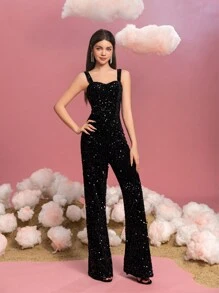 Teen Girls Sequin Jumpsuit With Spaghetti Straps & Wide-Leg Drama – Elegant Evening Wear For Gala Dinners, School Formal Events, Black-Tie Receptions, Luxury Brand Galas, And High-Fashion Evening Events - Black - View 6