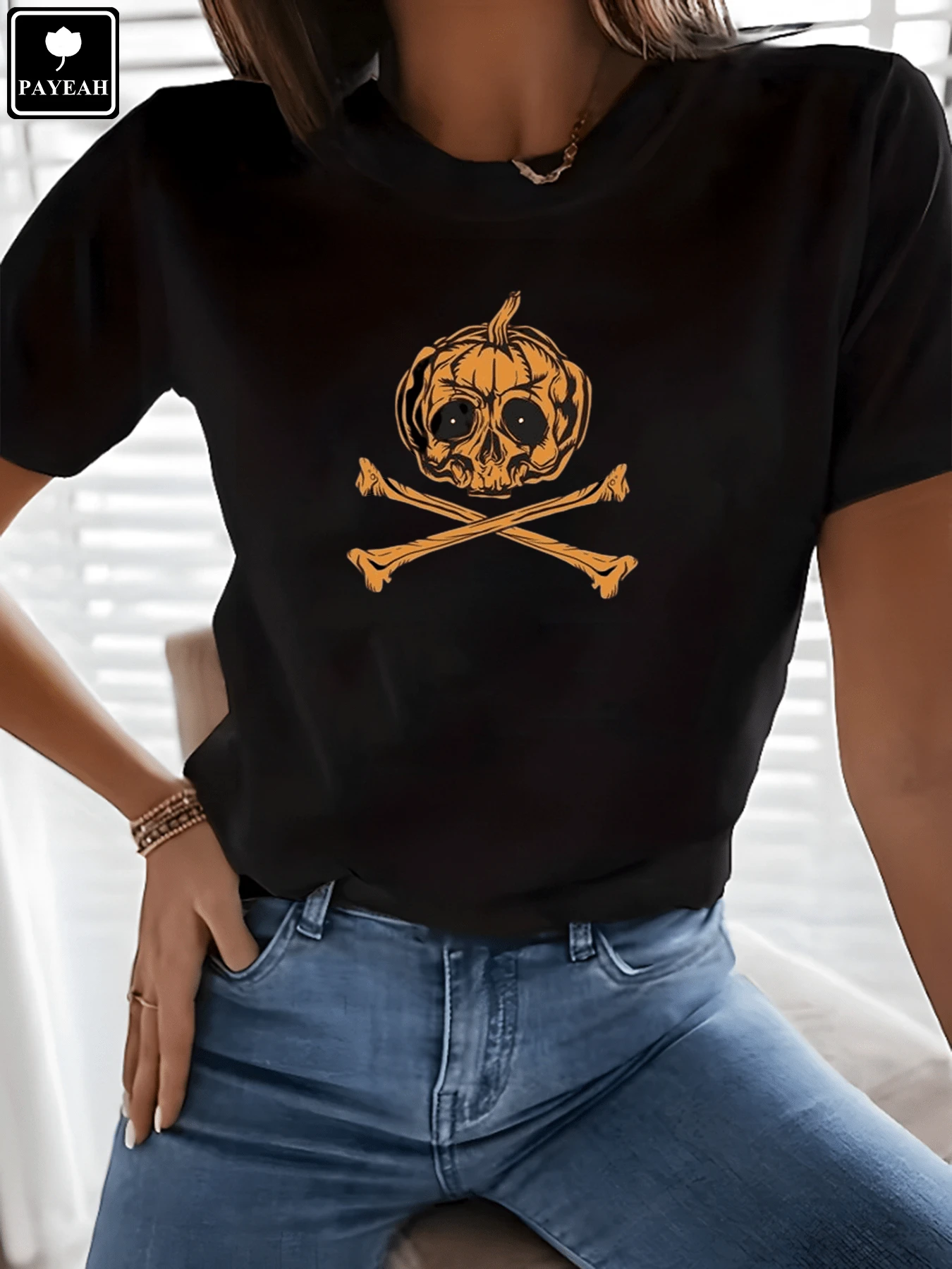 PAYEAH  Fall Pumpkin Shirts Womens Casual Autumn Thanksgiving Graphic Tees Halloween Tops 220g Heavy Cotton T Shirt - 黑色 - 查看 1