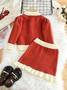 Bộ 2 chiếc áo len cardigan dài tay thường ngày và váy cho bé gái, mùa thu/đông - Đỏ - Xem 2
