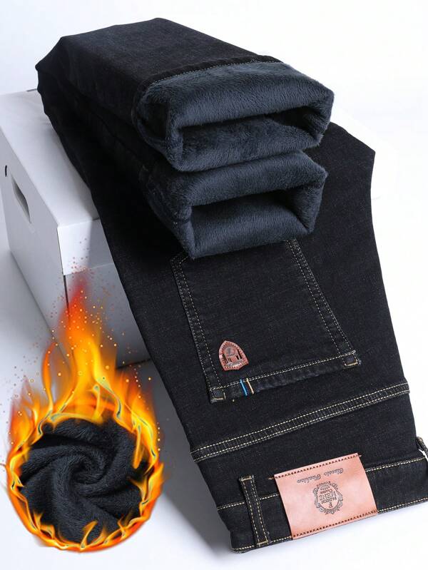 Jeans Slim Reta com Forro Térmico de Lã para Homem, Estilo Empresarial