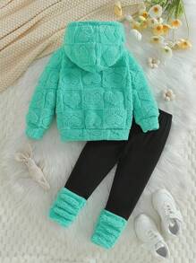 Young Girl' Comfortable Hooded Sweatshirt And Solid Color Thermal Lined Casual Leggings 2Pcs Outfit For Daily Wear, Winter - Green - View 2
