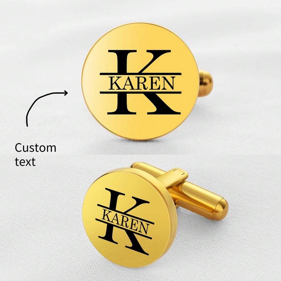 定制 26 个英文字母雕刻袖扣，时尚个性化姓名字母袖扣，适合正装衬衫、婚礼伴郎礼物、感恩节/生日礼物 - 金色 - 查看 1