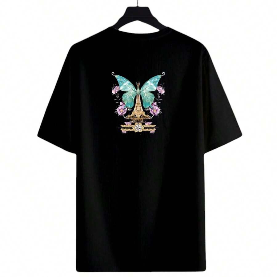 Women's Black Cotton T-Shirt With Butterfly Print Paris - màu đen - Xem 1