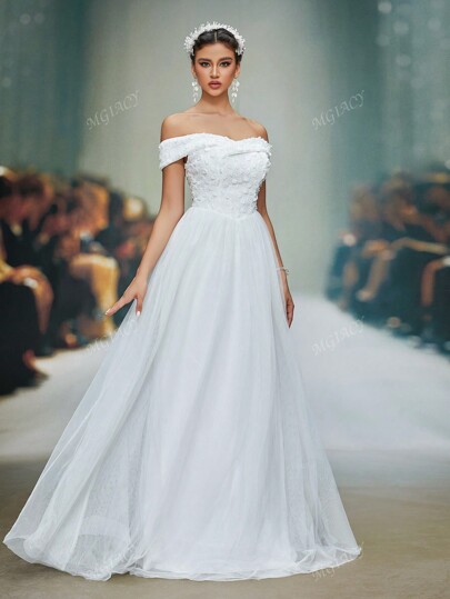 Off-Shoulder Embroidered Sequin & Lace Patchwork Tulle Ball Gown Wedding Dress,Bride