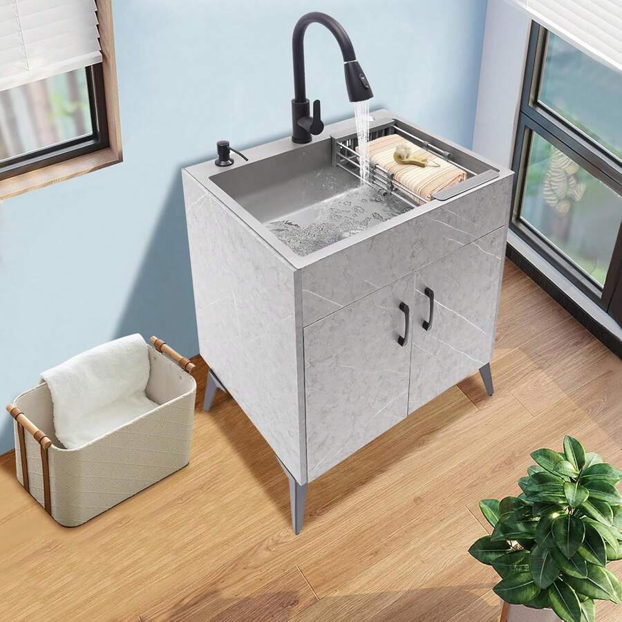 Utility Laundry Sink With And PullOut Sprayer Faucet, Stainless Steel Utility Sink