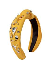 1 pieza Aro para el cabello con tela con motivo de Tai Chi y strass, accesorio de cabello versátil y personalizado estilo europeo y americano con nudo, adorno superior de calavera y cuenta