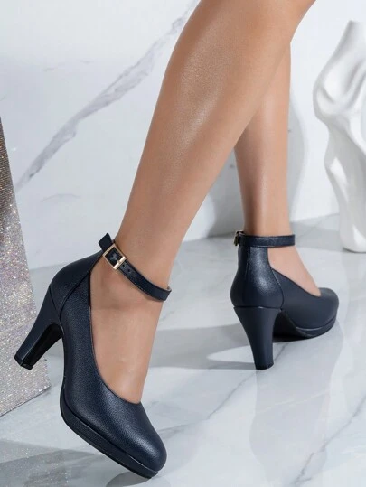 1 Pair Buckle Strap Chunky Heel Pumps, Solid Color Versatile Commuting, Professional, Party, Elegant Closed Toe Dress Shoes For Women,Platform Heels For Women