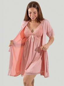 Women's Robe Short Sleeve Lace Detail - Hồng - Xem 1