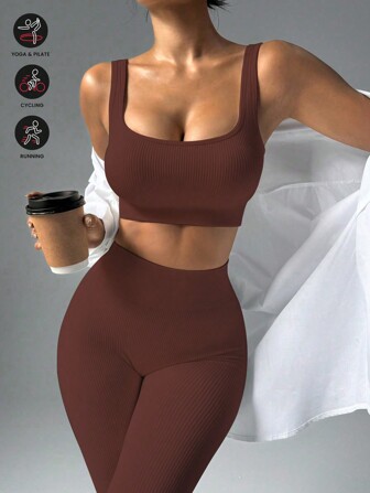 两件套无缝吊带背心和紧身裤，透气舒适，柔软亲肤，适合日常穿着、户外运动、健身，女士运动服套装，女士休闲服套装，紧身裤两件套