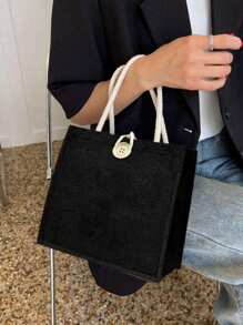 女款米色亞麻托特包－適用於約會、返校、海灘、通勤、野餐和露營等多種場合 - 黑色 - 查看 2