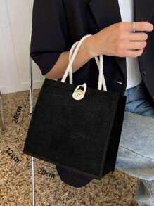 女款米色亞麻托特包－適用於約會、返校、海灘、通勤、野餐和露營等多種場合 - 黑色 - 查看 4