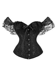 Women Corset Top With Lace Sleeve Lace Up Bustier Lingerie Waist Trainer Costume Tops , White/ Black - Black - View 1