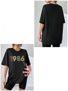 Custom Women Oversized Round Neck Short Sleeve T-Shirt, Colorful Pattern With Personalized Text,Easy Comfort,Women Apparel,Customized Women Tops - Black - View 3