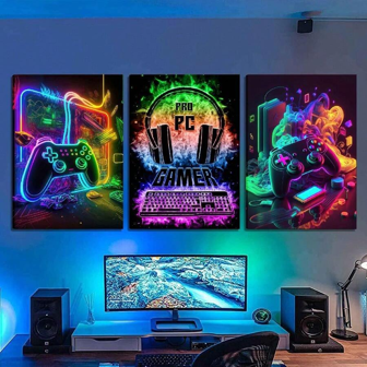 3st Cool Gaming Väggkonst, Spel Akvarell Posters Bilder Färgglada Neon Gamepad Canvas Tavlor för Pojkrum Barn Spelrum, Sovrum, För Pojkar Heminredning,Ingen ram,Heminredning,Rumsinredning,Väggdekoration