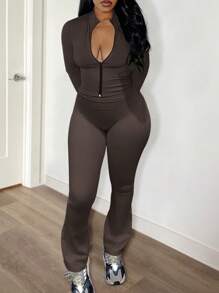 LovelyWholesale Set di top e pantaloni casual da donna, semplice e alla moda, per uso quotidiano, con collo alla coreana, maniche lunghe e cerniera, adatto per la primavera e l'autunno