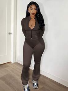 LovelyWholesale Set di top e pantaloni casual da donna, semplice e alla moda, per uso quotidiano, con collo alla coreana, maniche lunghe e cerniera, adatto per la primavera e l'autunno